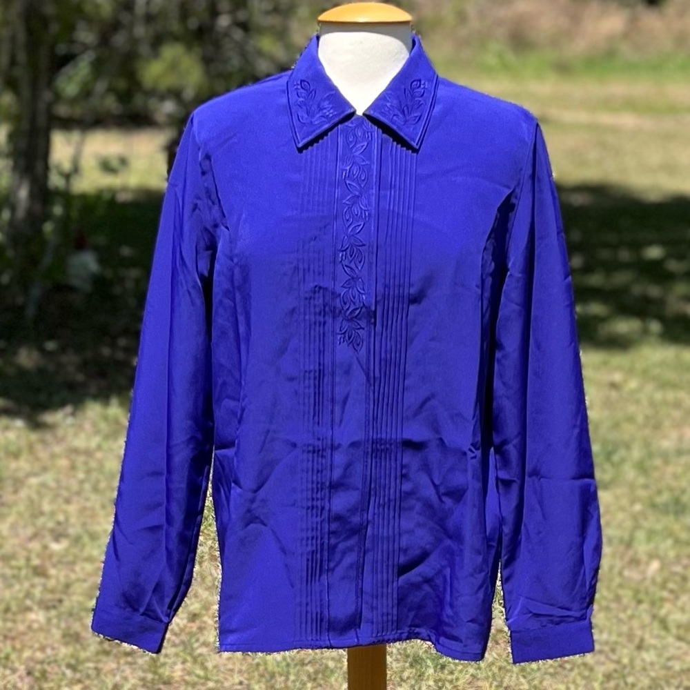 Laura Scott Vibrant Blue Long Sleeve Embroidered Blouse Size 12 (CWT0001)
